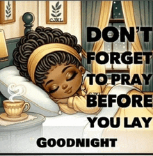 a cartoon of a girl sleeping in a bed with a cup of coffee