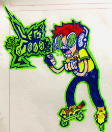 a drawing of a person on roller skates holding a green sticker that says tg