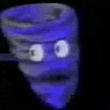 a close up of a purple tornado with white eyes and a surprised look on its face .