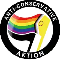 an anti-conservative action logo with a rainbow flag