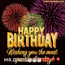 a happy birthday card with fireworks and a cake