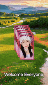 a picture of a woman in a flower crown is surrounded by a landscape and the words welcome everyone