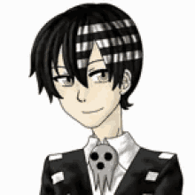 a black and white drawing of a boy in a suit and tie with a skull necklace .