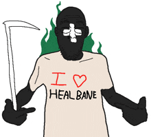 a man wearing a shirt that says i love heal bane