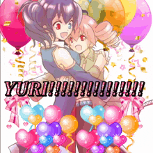 a girl is holding another girl in her arms with the words yuri !!! written on the bottom
