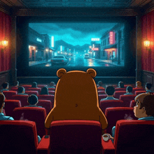 a group of people are watching a movie in a theater with a teddy bear sitting in the audience