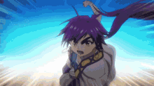 a boy with purple hair is holding a sword in his hand .