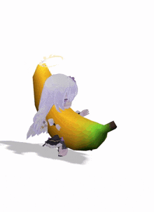 a cartoon character laying on a banana with a white background