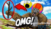 a cartoon of a monkey holding a stick that says omg the stick is available now