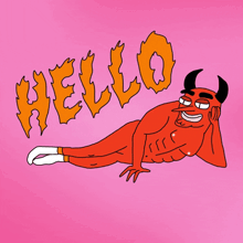 a cartoon of a devil laying down with the word hello written above him