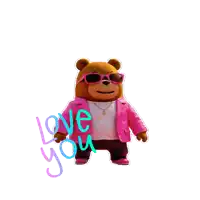 a brown teddy bear wearing sunglasses and a pink jacket says love you