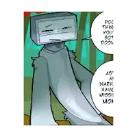 a cartoon character with a tv head talking to someone