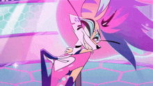a pink and purple cartoon character with a purple tail