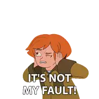 a cartoon girl with red hair is covering her ears with her hands and the words it 's not my fault