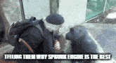 a man is talking to a chimpanzee with the caption telling them why sprinkler engine is the best