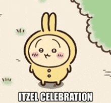 a cartoon character dressed as a bunny with the words `` itzel celebration '' written below it .