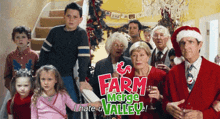 a group of people standing in front of a sign that says farm merge alley