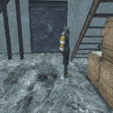 a man in a gas mask is standing in front of a blue door