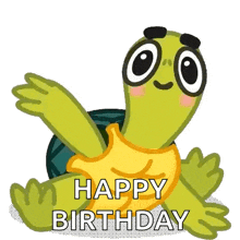 a cartoon turtle is saying happy birthday with its arms outstretched .