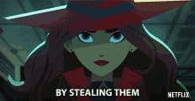 a cartoon of a woman with the words by stealing them above her