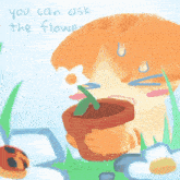 a drawing of a cat holding a potted plant with the words " you can ask the flower " written on the bottom