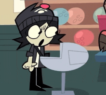 a cartoon character is standing in front of a table with bowling balls in the background