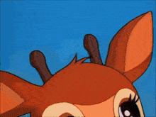 a cartoon drawing of a baby deer with a blue sky in the background