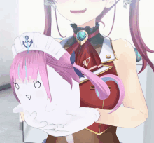 a girl with pink hair is holding a white cat