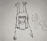a black and white drawing of a woman with long hair and long arms
