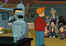 bender from futurama is holding a martini in front of a crowd of people