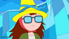 a cartoon girl wearing glasses and a yellow hat .