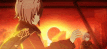 a girl with a cat ear is standing in front of a fire