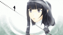 a girl with black hair and purple eyes is standing next to a staircase