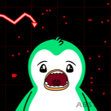 a cartoon of a green penguin with a red arrow pointing down behind it