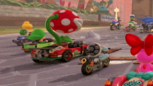 a group of mario kart racers are racing on a street .