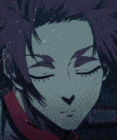a close up of a person 's face with blue eyes and purple hair