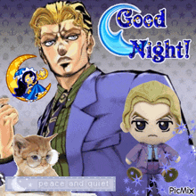 a picture of a man a cat and a stuffed animal with the words good night