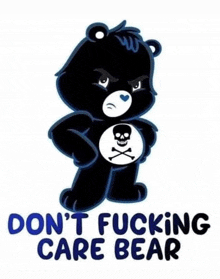 a black care bear with a skull and crossbones on its chest is standing with its hands on its hips .