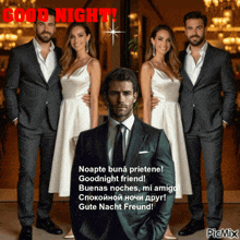 a man in a suit stands in front of two women and says good night in red
