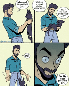 a comic strip shows a man holding a cat and talking to it