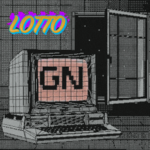 a computer with a screen that says gn on it