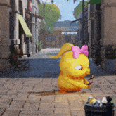 a yellow cartoon character with a pink bow on her head is walking down a street