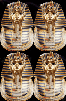 four golden masks of a pharaoh with a blue and gold striped hat