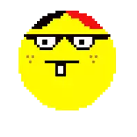 a pixel art of a smiley face with glasses and a red stripe on the top