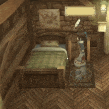 a video game character is standing next to a bed in a room