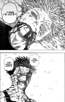 a black and white drawing of a man with blood on his face and the words `` think i 'm cute '' on the bottom .