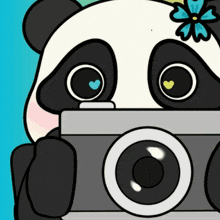 a cartoon panda bear is holding a camera with a flower in its hair