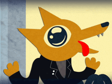 a cartoon drawing of a dog with a big eye and a red tongue sticking out