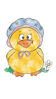 a cartoon drawing of a yellow duck wearing a blue and pink hat