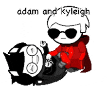 a pixel art of adam and kyleigh holding a black and white object